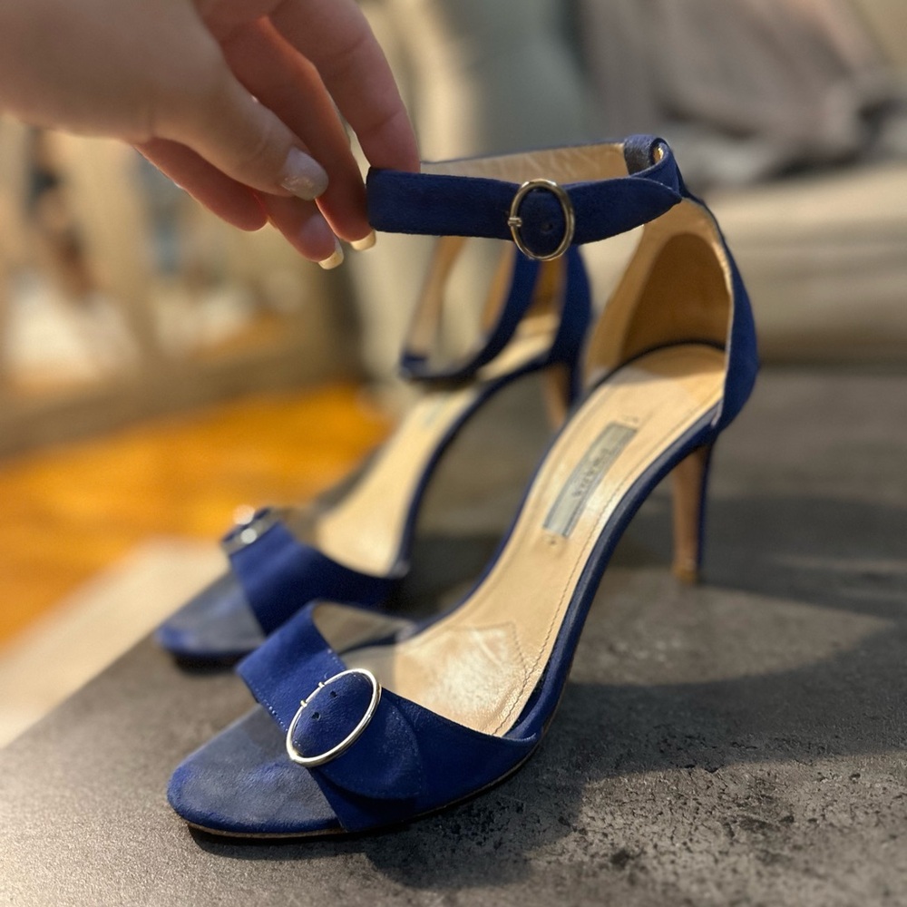 Blue Ankle Strap Heels with Silver Buckles Prada luxury women 37 size